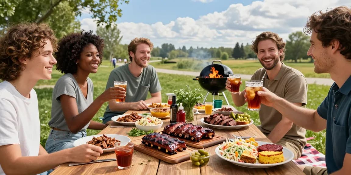 Delicious barbecue Alberta feast with smoked meats and colorful sides at a sunny park gathering