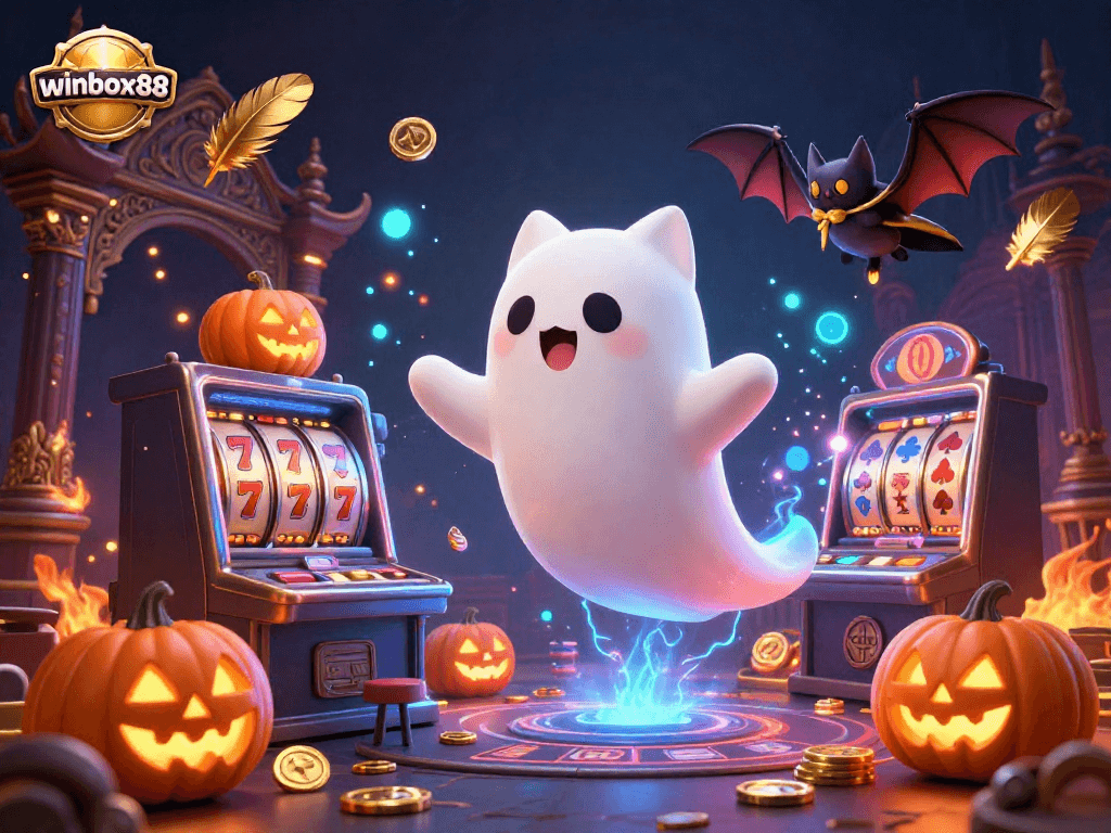 Catch the thrill of winbox88 with a friendly ghost cat and bat in a vibrant casino scene filled with glowing elements.