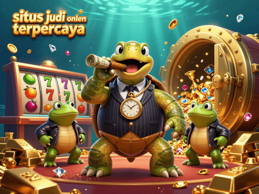 Ilustrasi 3D menampilkan karakter "situs judi online terpercaya" sambil bermain slot yang penuh warna dan emas.