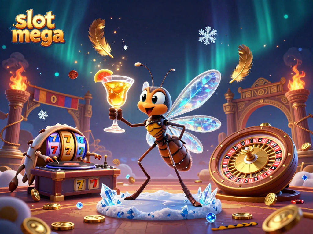 The slot mega experience captivates with a vibrant 3D casino scene showcasing unique characters and lively gameplay.