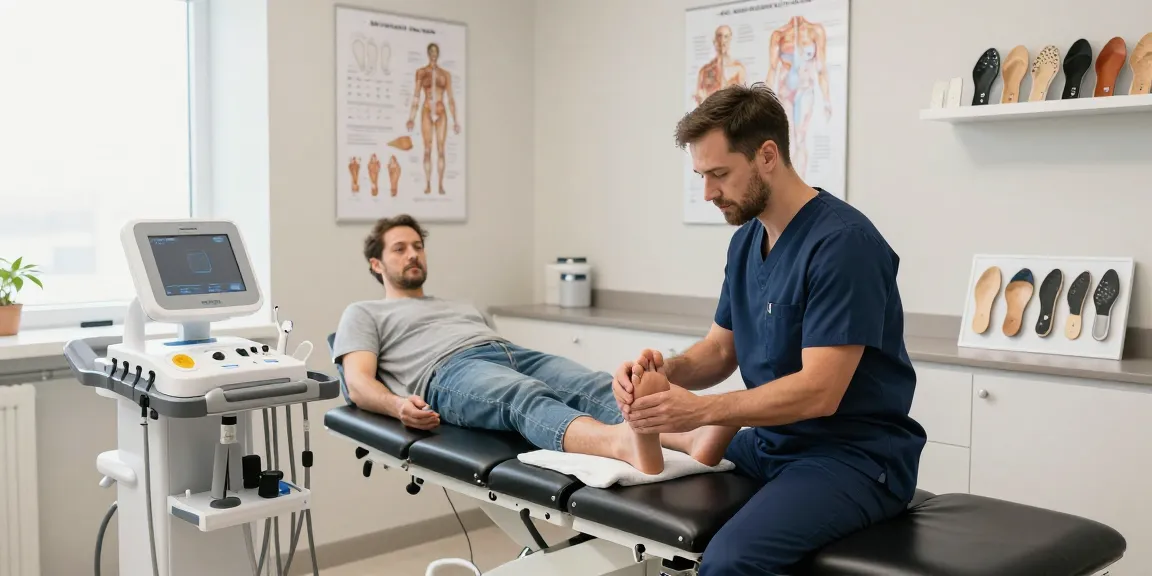 Podiatry equipment in a clinic with a podiatrist examining patient's foot.