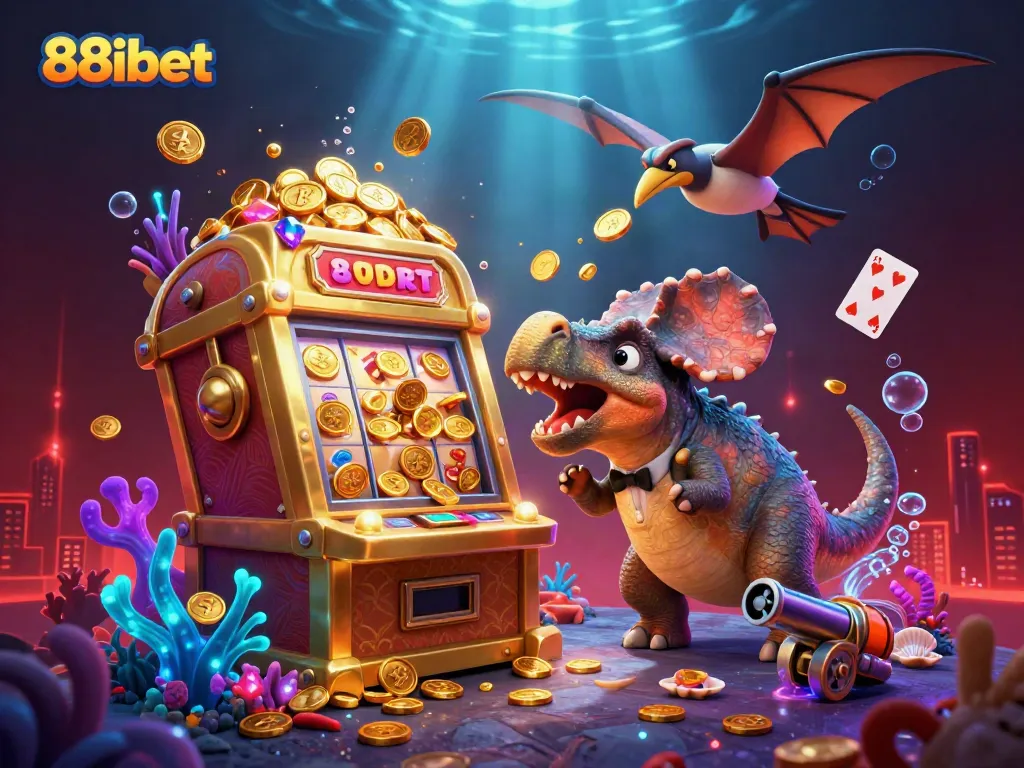 88ibet jackpots with a pachycephalosaurus and casino elements creating a lively gaming scene.