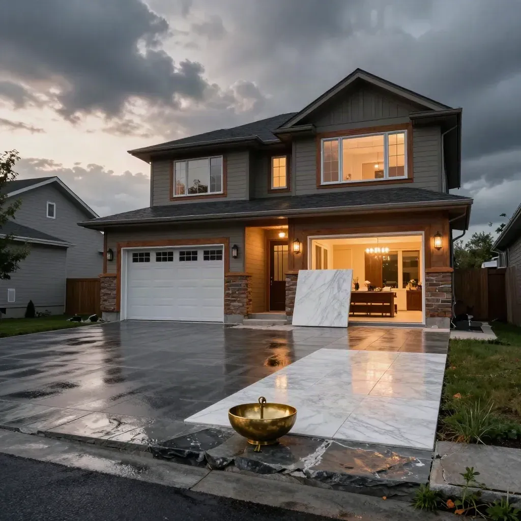 Rainy Canadian home exterior with quartz, tile, cedar trim, and warm brass light