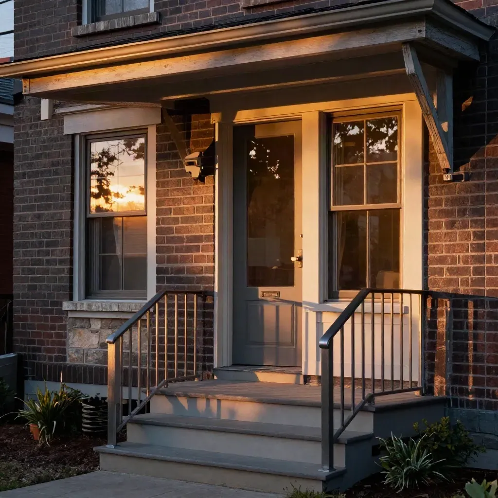 Macro dusk detail of a ready-to-let townhouse porch with fresh windows and clean steps.