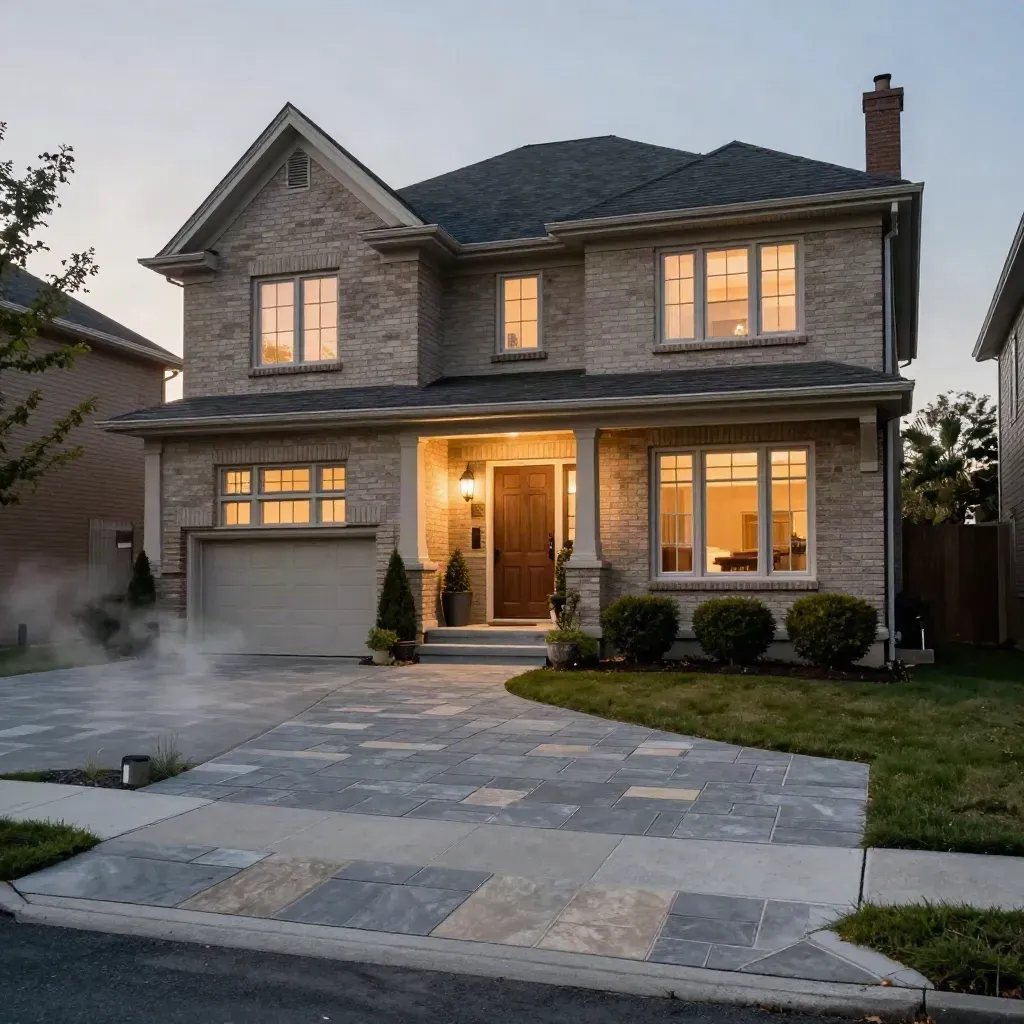 Refreshed Brampton family home at dusk with a glowing porch light and new walkway.