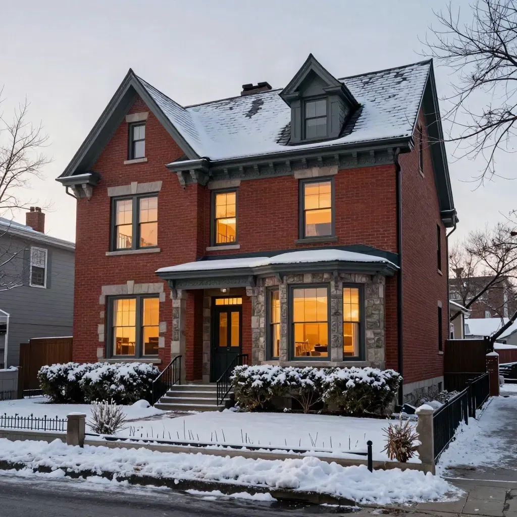 Ottawa heritage home glowing warm through first snowfall, shot low from the snowy street.