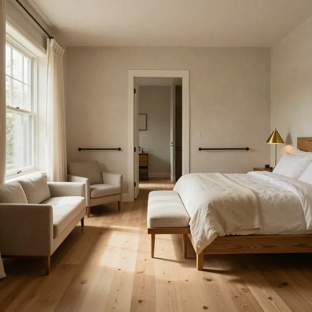Bright accessible bungalow bedroom suite with clear paths, cream bedding, brass accents, and sunlit curtains.