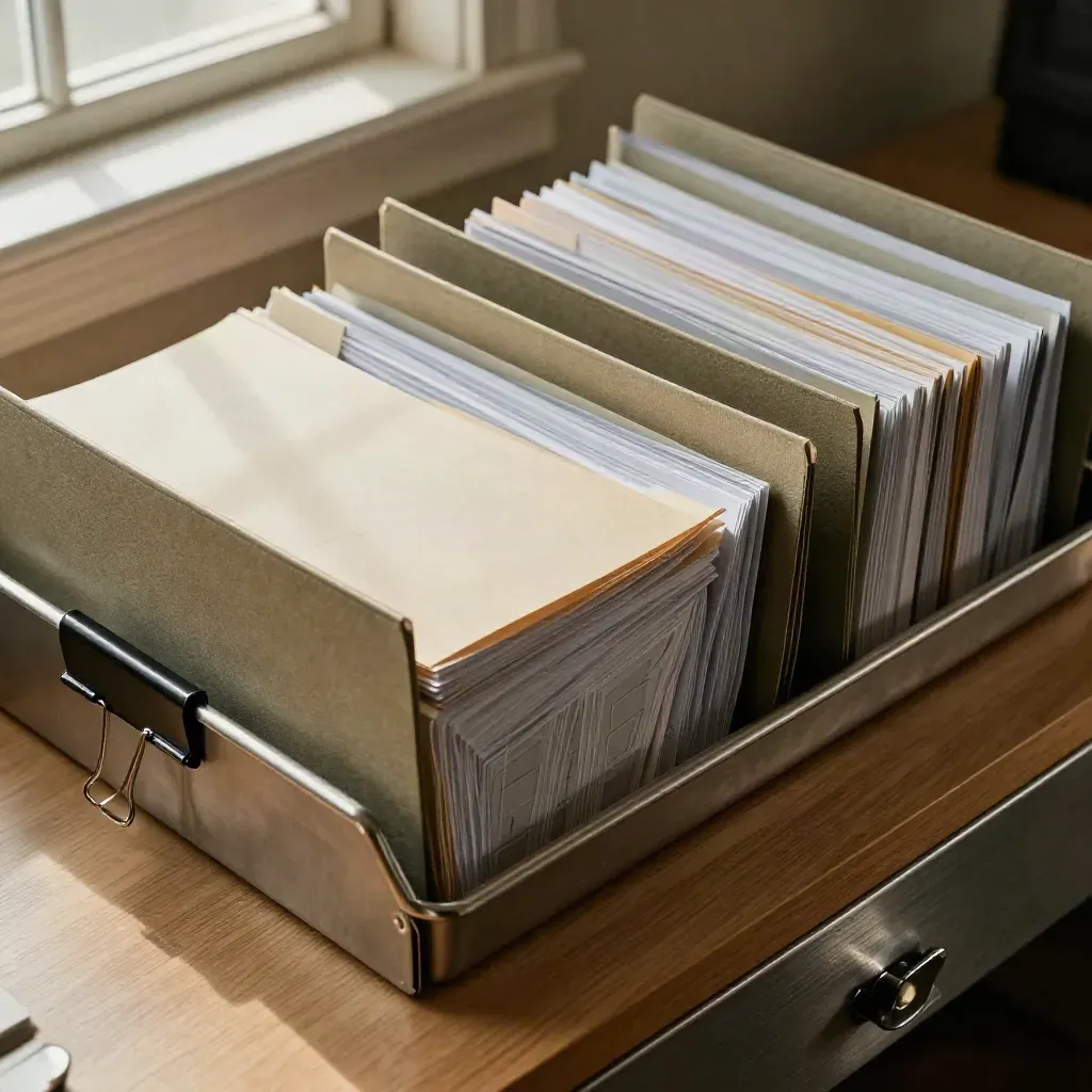Overhead closeup of sorted loan files, binder clips and a steel tray on a desk edge.