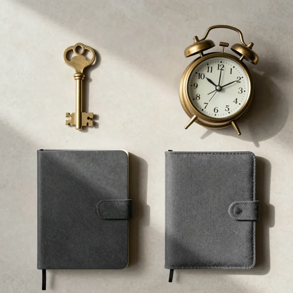Brass key, closed notebook and table clock on stone, set for a booked review.