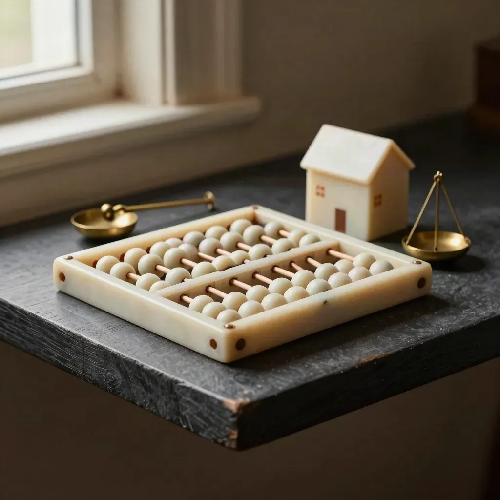 Ivory abacus, miniature house block, and brass weight on a dark shelf in soft side light.
