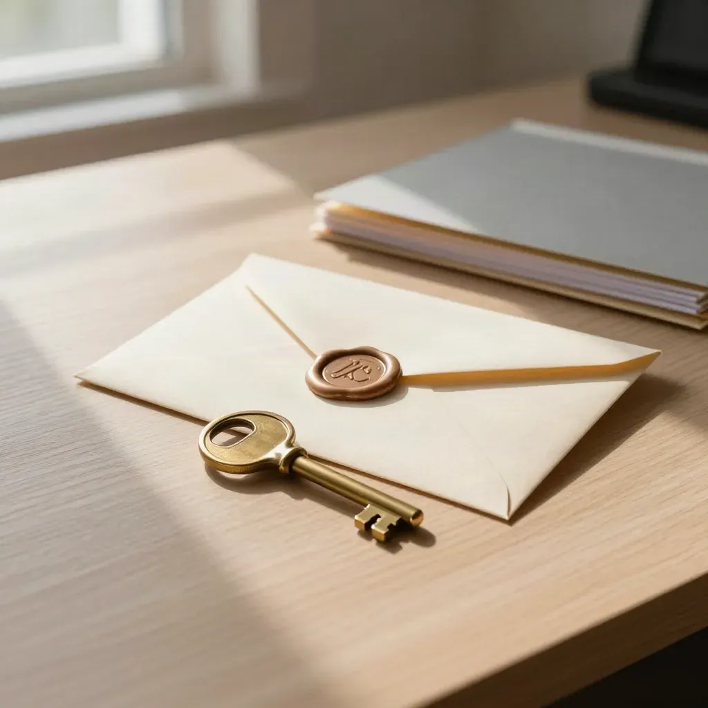 Brass key, closed envelope, file sleeve and seal on a pale oak desk