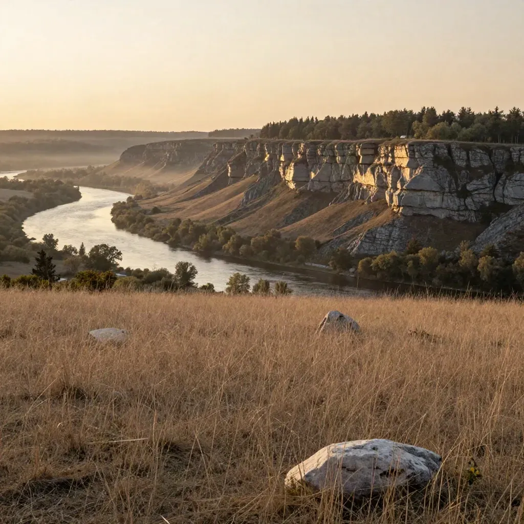 Peel Region escarpment at sunset above a hazy Credit River valley.