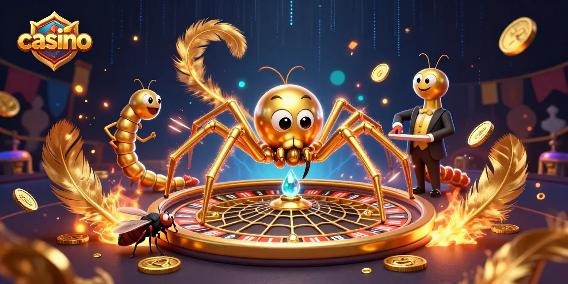 Dynamic casino scene with a golden spider, nervously betting fly, and centipede croupier spinning a roulette web.