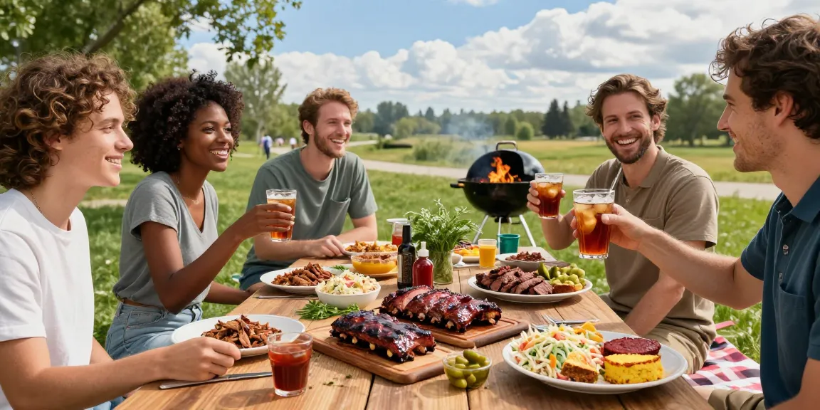 Delicious barbecue Alberta feast with smoked meats and colorful sides at a sunny park gathering