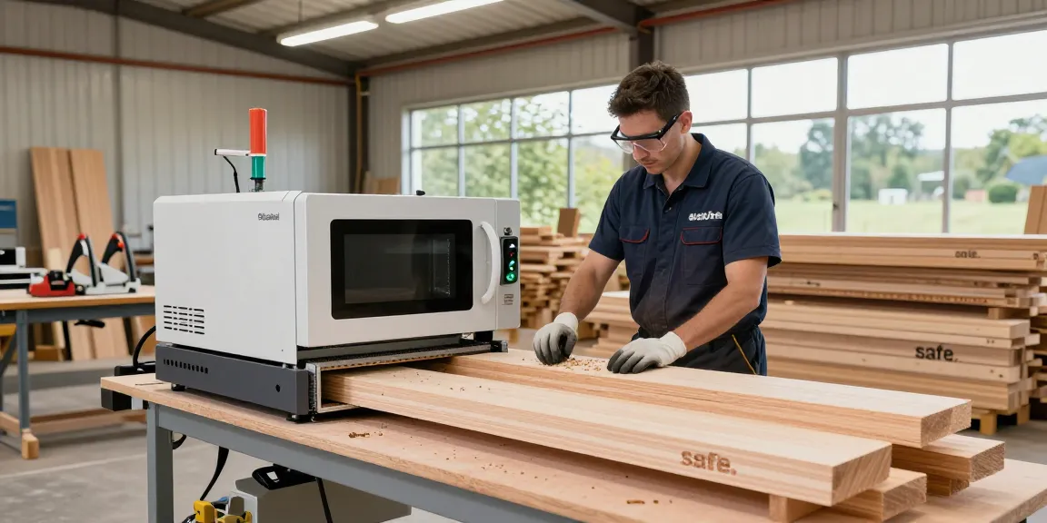Shashel technician using microwave equipment for effective woodworm elimination in a bright workshop.
