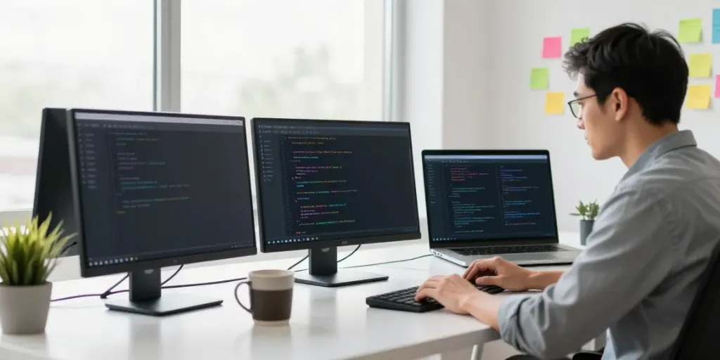Developer at modern desk focusing on whatsapp plus download on multiple screens.