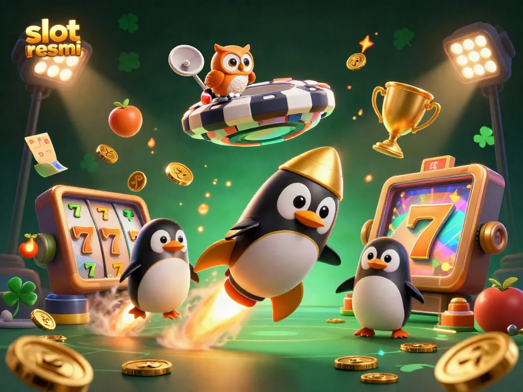 Experience vibrant slot resmi action with a golden penguin soaring towards a casino chip, surrounded by dynamic gaming elements.