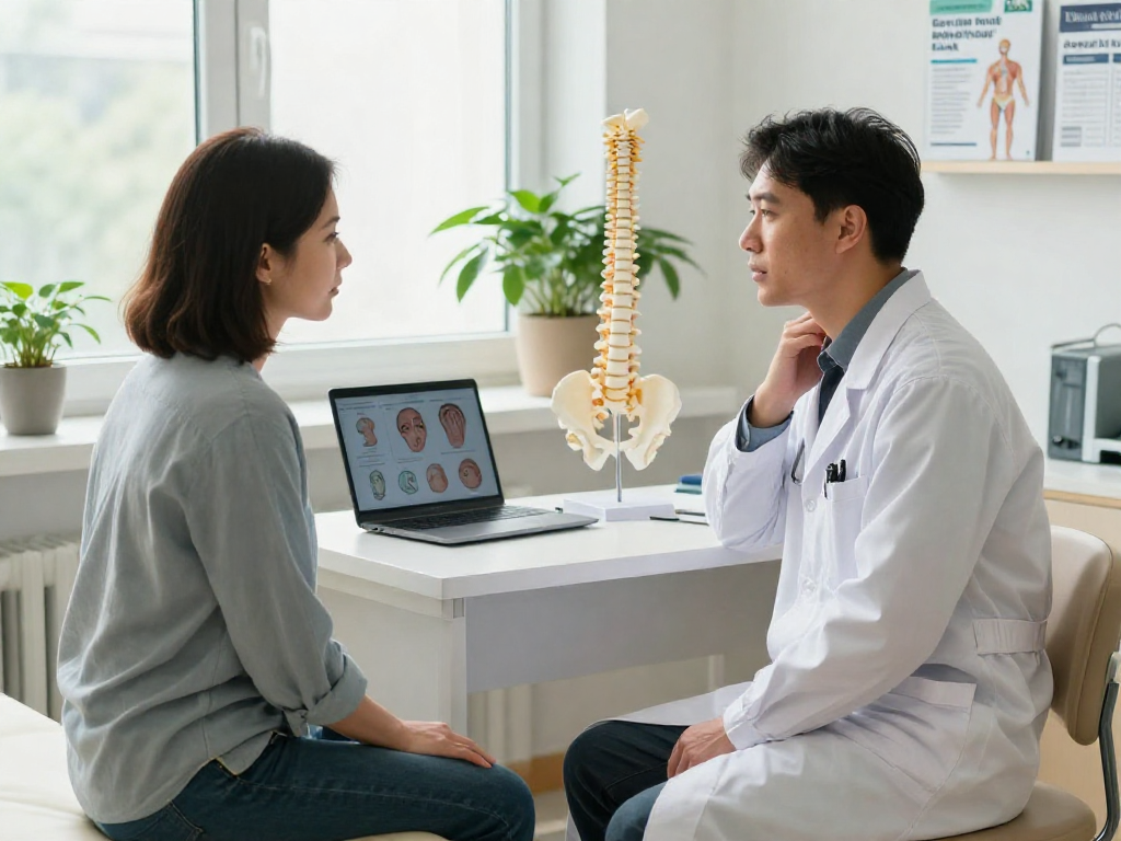 Boyun fıtığı ameliyatı consultation with doctor and patient in a clinical setting.