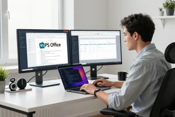Developer using WPS Official Website tools in a modern workspace.